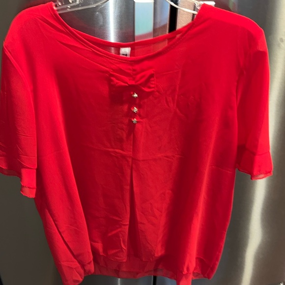 Coquette lolita RED chiffon SHEER blouse short flutter sleeves gem BOW TIE shirt - Picture 10 of 16